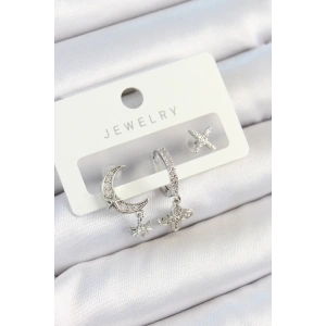 BFS Pirinç Zirkon Taşlı Çiçek Ve Ay Model Gümüş Renk 3lü Çift Kadın Küpe Set