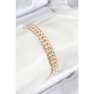 BFS Pirinç Zirkon Taşlı Çift Sıra Kare Model Gold Renk Asansörlü Kadın Bileklik