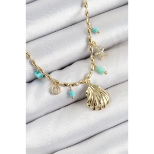 BFS Pirinç Zirkon Taşlı Deniz Kabuğu Model Gold Renk Kadın Kolye