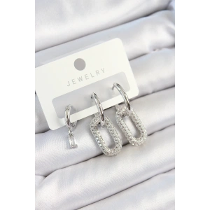 BFS Pirinç Zirkon Taşlı Dikdörtgen Model Gümüş Renk 3lü Çift Kadın Küpe Set