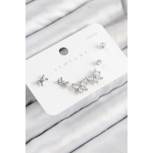 BFS Pirinç Zirkon Taşlı Fiyonk Model Gümüş Renk 925 Ayar Gümüş Çivi Kadın Küpe Set