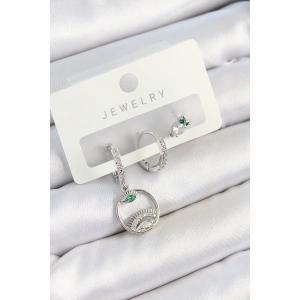 BFS Pirinç Zirkon Taşlı Göz Ve Baykuş Model Gümüş Renk 3lü Çift Kadın Küpe Set