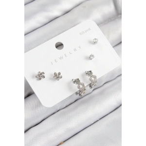 BFS Pirinç Zirkon Taşlı Halka Model Gümüş Renk 925 Ayar Gümüş Çivi Kadın Küpe Set