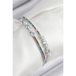 BFS Pirinç Zirkon Taşlı İnci Model Gümüş Renk Kadın Bileklik