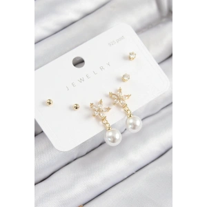 BFS Pirinç Zirkon Taşlı İnci Sallantılı Çiçek Model Gümüş Renk 925 Ayar Gümüş Çivi Kadın Küpe Set