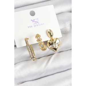 BFS Pirinç Zİrkon Taşlı Kalp Model Gold Renk 3lü Kadın Küpe