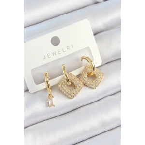 BFS Pirinç Zirkon Taşlı Kare Model Gold Renk 3lü Çift Kadın Küpe Set