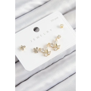 BFS Pirinç Zirkon Taşlı Kelebek Model Gold Renk 925 Ayar Gümüş Çivi Kadın Küpe Set