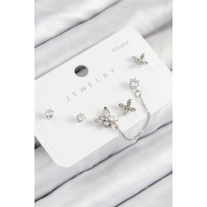 BFS Pirinç Zirkon Taşlı Kelebek Model Gümüş Renk 925 Ayar Gümüş Çivi Kadın Küpe Set