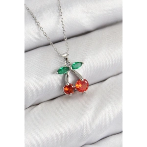 BFS Pirinç Zirkon Taşlı Kiraz Model Gümüş Renk Kadın Kolye