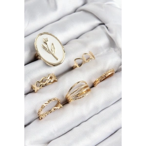 BFS Pirinç Zirkon Taşlı Lale Model Gold Renk Kadın Yüzük Kombin Set