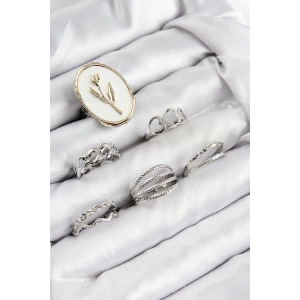 BFS Pirinç Zirkon Taşlı Lale Model Gümüş Renk Kadın Yüzük Kombin Set