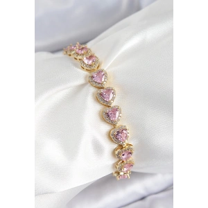 BFS Pirinç Zirkon Taşlı Pembe Kalp Baget Model Gold Renk VIP Seri Kadın Bileklik