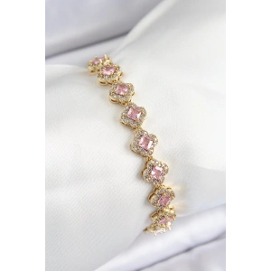 BFS Pirinç Zirkon Taşlı Pembe Yonca Baget Model Gold Renk VIP Seri Kadın Bileklik