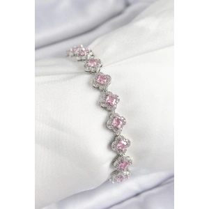 BFS Pirinç Zirkon Taşlı Pembe Yonca Baget Model Gümüş Renk VIP Seri Kadın Bileklik