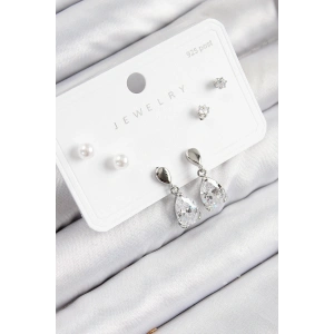 BFS Pirinç Zirkon Taşlı Sallantılı Damla Model Gümüş Renk 925 Ayar Gümüş Çivi Kadın Küpe Set