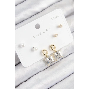 BFS Pirinç Zirkon Taşlı Sallantılı Kare Model Gold Renk 925 Ayar Gümüş Çivi Kadın Küpe Set