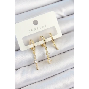 BFS Pirinç Zirkon Taşlı Sallantılı Model Gold Renk 3lü Çift Kadın Küpe Set