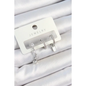 BFS Pirinç Zirkon Taşlı Sallantılı Model Gümüş Renk 3lü Çift Kadın Küpe Set