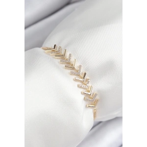 BFS Pirinç Zirkon Taşlı Sıralı Ok Model Gold Renk Asansörlü Kadın Bileklik