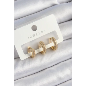 BFS Pirinç Zirkon Taşlı Yıldız Model Gold Renk 3lü Çift Kadın Küpe Set