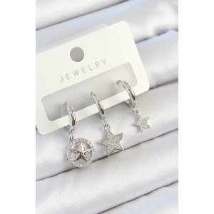 BFS Pirinç Zirkon Taşlı Yıldız Model Gümüş Renk 3lü Çift Kadın Küpe Set