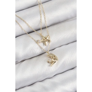 BFS Pirinç Zirkon Taşlı Yıldız Ve Ay Model Gold Renk Kadın Kolye