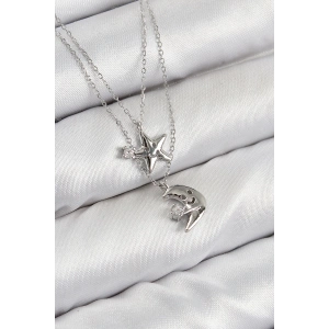 BFS Pirinç Zirkon Taşlı Yıldız Ve Ay Model Gümüş Renk Kadın Kolye