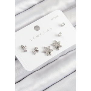 BFS Pirinç Zirkon Taşlı Yıldız Ve Gül Model Gümüş Renk 925 Ayar Gümüş Çivi Kadın Küpe Set