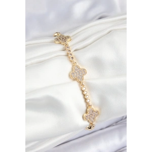 BFS Pirinç Zirkon Taşlı Yonca Model Gold Renk Kadın Bileklik