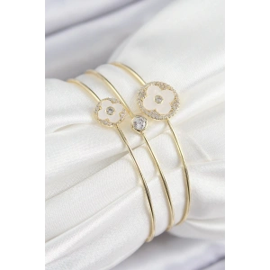 BFS Pirinç Zirkon Taşlı Yonca Model Gold Renk Vip 3lü Kadın Bileklik