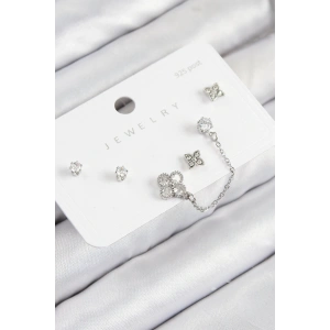 BFS Pirinç Zirkon Taşlı Yonca Model Gümüş Renk 925 Ayar Gümüş Çivi Kadın Küpe Set