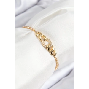 BFS Pirinç Zirkon Taşlı Zincir Model Gold Renk Asansörlü Kadın Bileklik