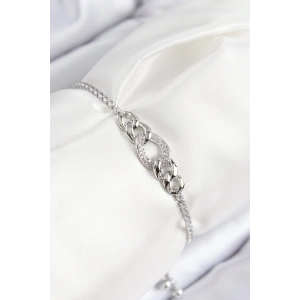 BFS Pirinç Zirkon Taşlı Zincir Model Gümüş Renk Asansörlü Kadın Bileklik