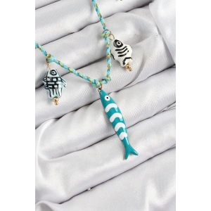 BFS Seramik Motifli Balık Figürlü Model Mavi İp Kadın Kolye