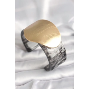 BFS Siyah Mermer Desen Akrilik Plastik Gold Daire Plaka Model Vintage Kadın Bilezik