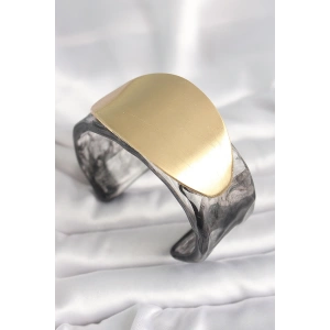 BFS Siyah Mermer Desen Akrilik Plastik Gold Oval Plaka Model Vintage Kadın Bilezik