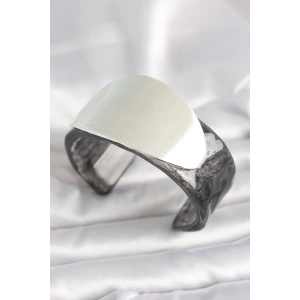 BFS Siyah Mermer Desen Akrilik Plastik Gümüş Oval Plaka Model Vintage Kadın Bilezik