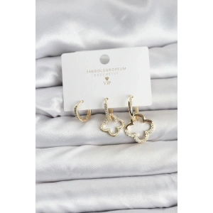 BFS Yonca Model Gold Renk Pirinç 3lü Kadın Küpe Seti