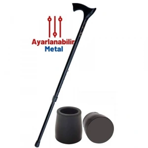 BFS Yükseklik Ayarlanabilir SİYAH Metal Baston - 7 Kademe Ayarlı Ergonomik Denge Desteği + 2 Yedek Uç