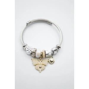 Çelik Charmlı Kelebek Bileklik - Beyaz