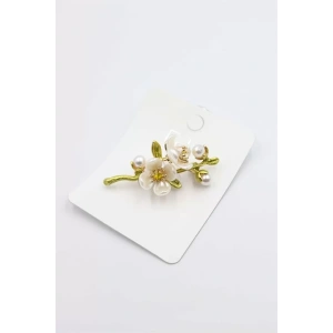 Çiçek Dalı Broş - Beyaz
