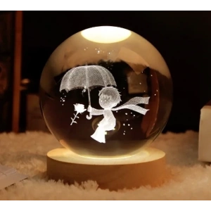 Dekoratif Küçük Prens Tasarımlı Ahşap Altlıklı Işıklı Cam Küre Büyük Boy Cam:8cm Ahşap:2cm