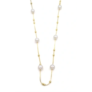 İncili Zincir Kolye - 14K Altın