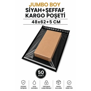 Jumbo Boy Siyah Şeffaf Kargo Poşeti 48x62+5 Cm 50 Adet