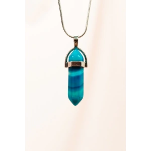 Mavi Akik Doğal Taşı Zincirli El Yapımı Tasarımlı Kolye Uç: 3,5 cm Zincir: 20 cm Kutulu