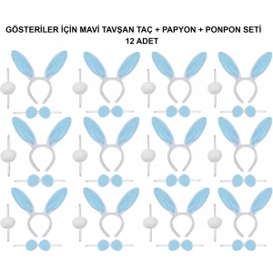 Mavi Tavşan Kostüm Seti – Taç, Papyon, Ponpon (12’li Paket)