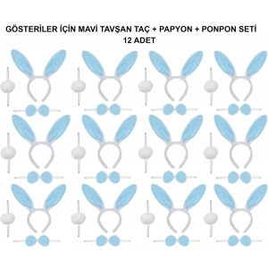 Mavi Tavşan Kostüm Seti – Taç, Papyon, Ponpon (12’li Paket)