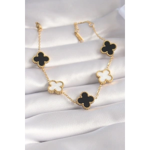 Mey İthalat® 316L Çelik Gold Renk Siyah Beyaz Yonca Model Kadın Bileklik