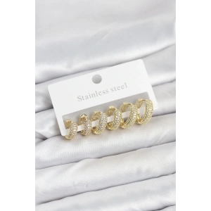 Mey İthalat® 316L Çelik Gold Renk Zirkon Taşlı Halka Küpe Seti